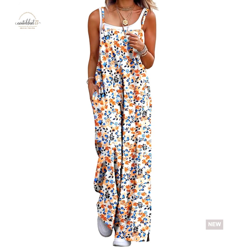 Women's Cotton Jumpsuit Wide Leg Overalls Floral Print Pockets Summer Casual